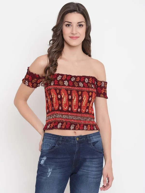 Women_S_Rayon_Printed_Off_Shoulder_Smocked_Crop_Top_Short_Sleeve_Casual_Styles_Tank_Top_Free_Size_Multi2