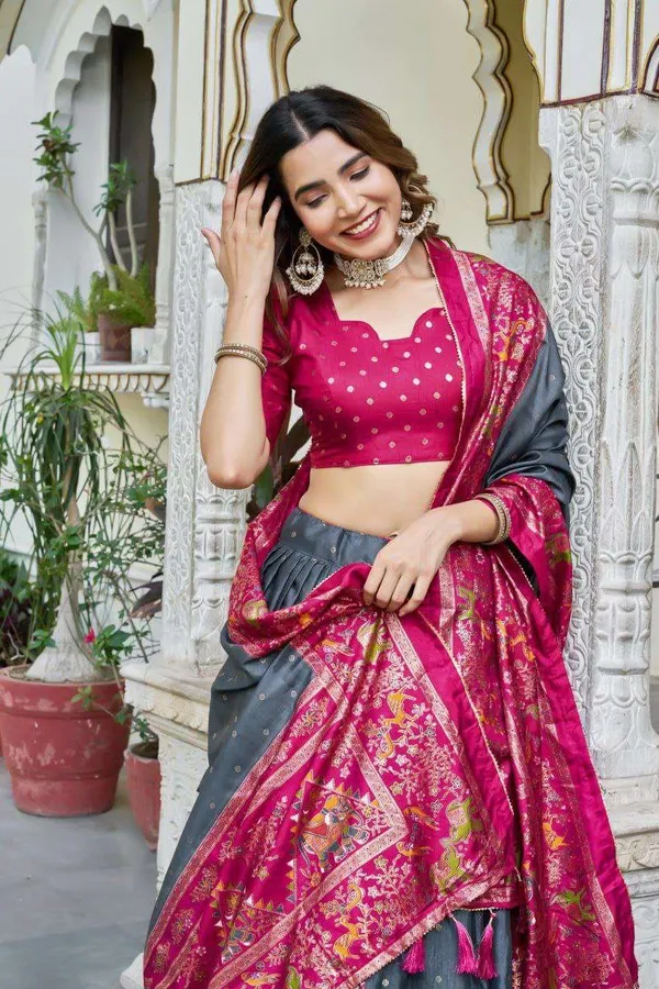 Bottle_Green_Dola_Silk_Lehenga_Choli_With_Maroon_Blouse_Bandhej_Ajarakh_Print_Wedding_Festive_Wear