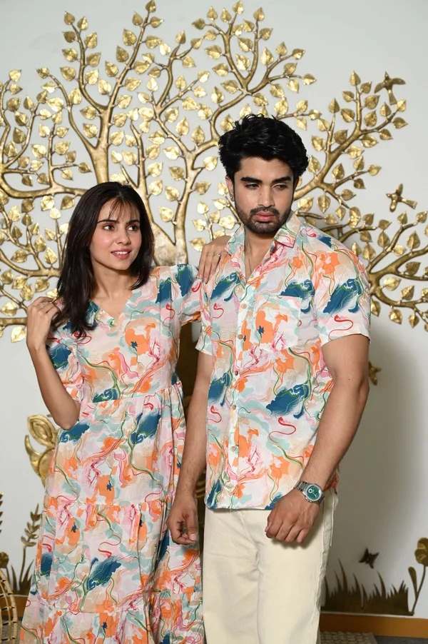 Couple_Matching_Abstract_Print_Cotton_Anarkali_Midi_Dress_Shirt_Set_Multicolor_Summer_Outfit