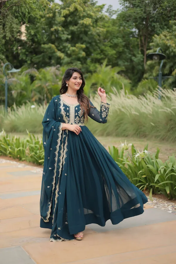 Teal_Blue_Elegant_Kutchi_Gamthi_Work_Reyon_Gown_With_Heavy_Flair