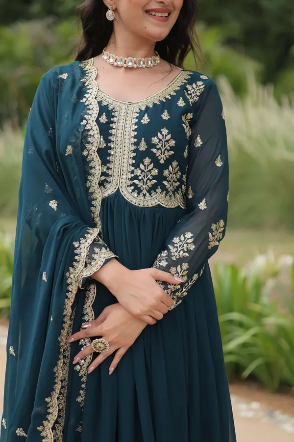 Teal_Blue_Elegant_Kutchi_Gamthi_Work_Reyon_Gown_With_Heavy_Flair