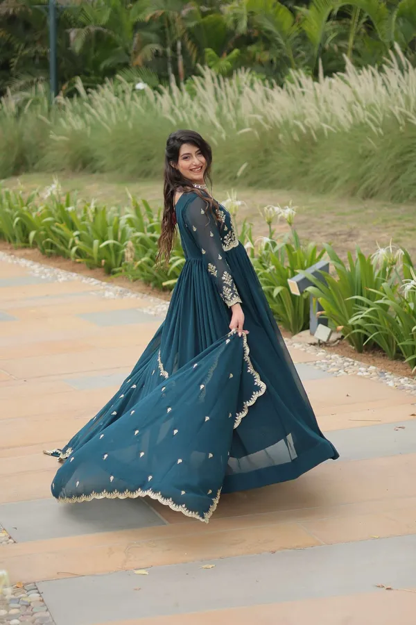 Teal_Blue_Elegant_Kutchi_Gamthi_Work_Reyon_Gown_With_Heavy_Flair