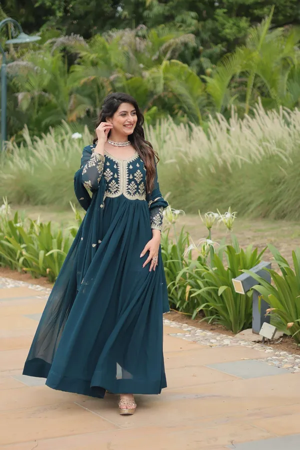 Teal_Blue_Elegant_Kutchi_Gamthi_Work_Reyon_Gown_With_Heavy_Flair