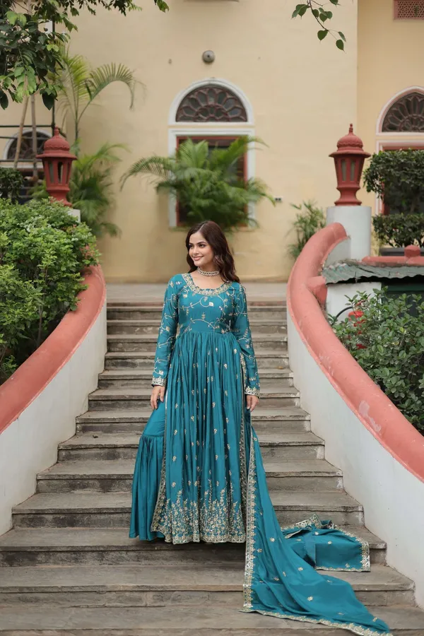 Blue_Premium_Chinon_Sequins_Embroidered_Kurti_With_Sharara_Dupatta_Set