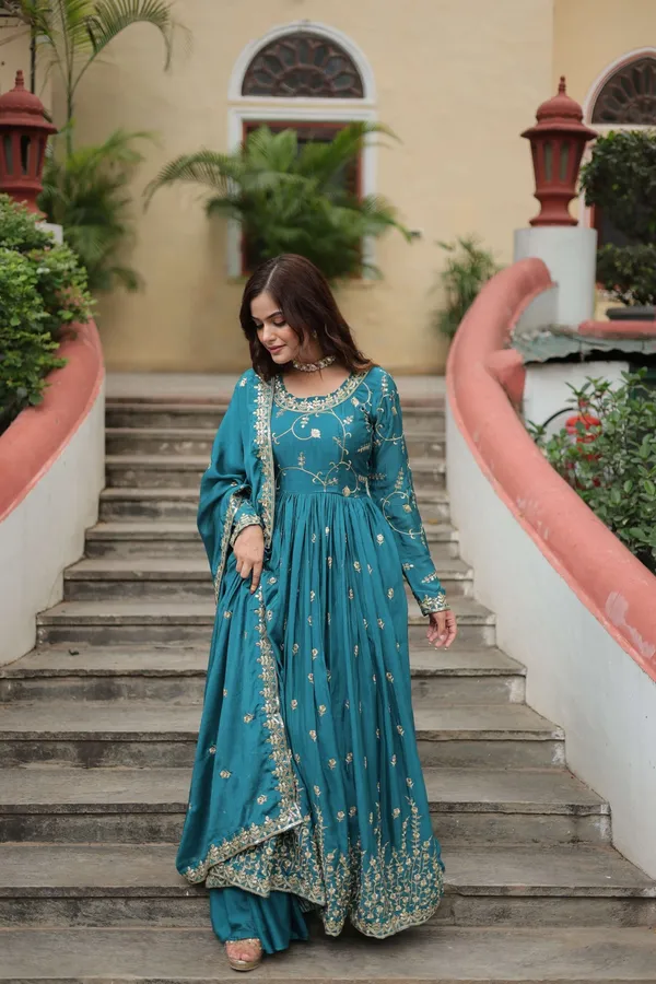 Blue_Premium_Chinon_Sequins_Embroidered_Kurti_With_Sharara_Dupatta_Set