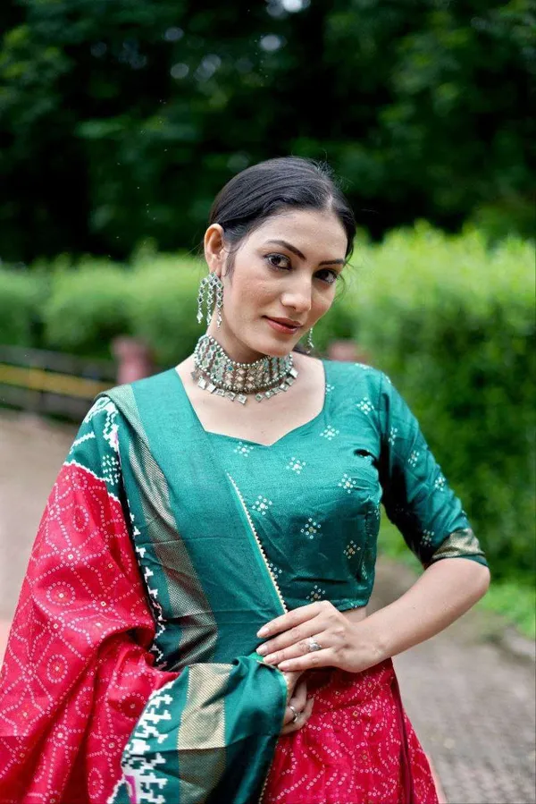 Green_Dola_Silk_Lehenga_Choli_With_Red_Blouse_Bandhej_Ajarakh_Print_Wedding_Festive_Wear