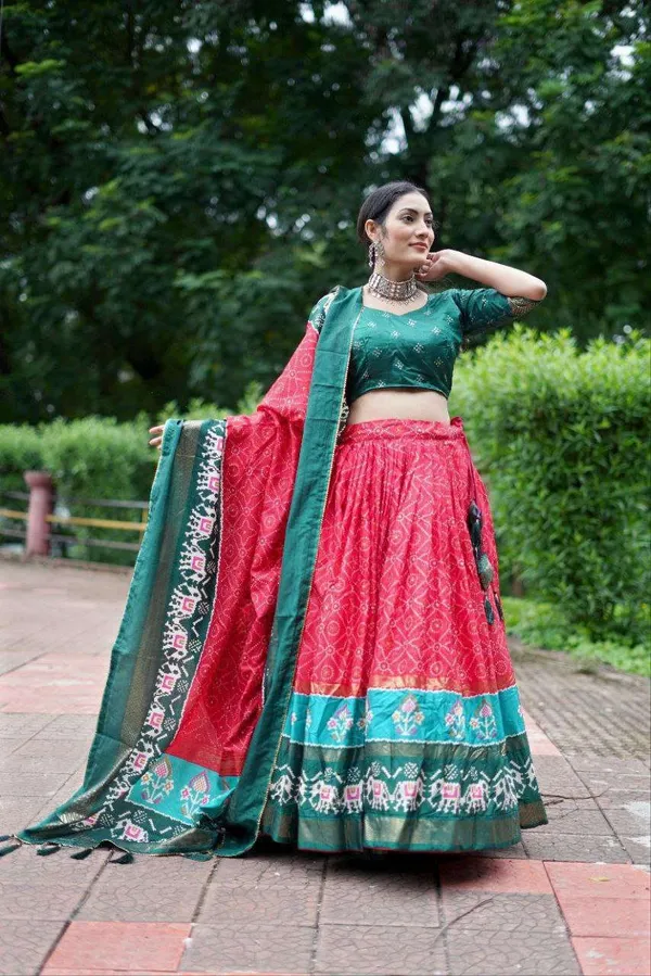 Green_Dola_Silk_Lehenga_Choli_With_Red_Blouse_Bandhej_Ajarakh_Print_Wedding_Festive_Wear