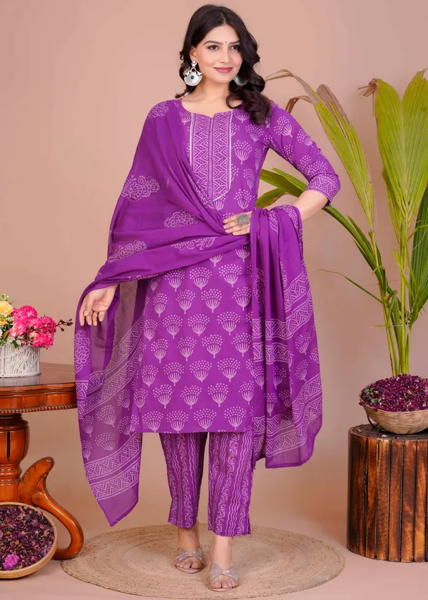 Women_S_Violet_Cotton_Printed_Straight_Kurti_With_Pant_Dupatta_Set
