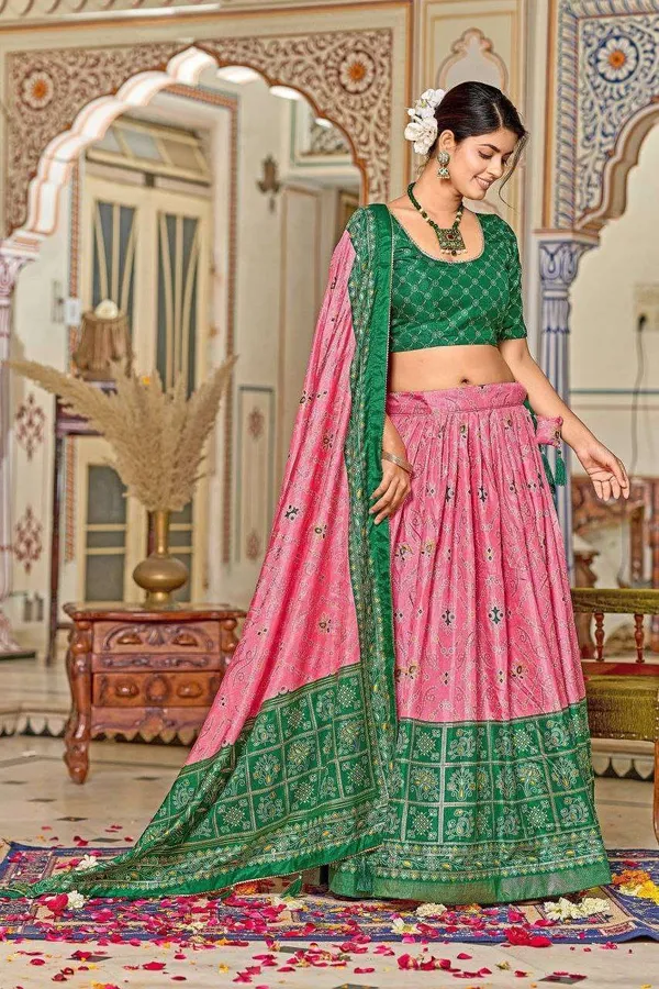 Pink_Dola_Silk_Lehenga_Choli_With_Green_Blouse_Minakari_Foil_Print_Wedding_Festive_Wear