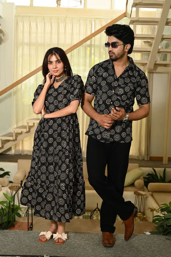 Couple_Matching_Black_Floral_Printed_Cotton_Anarkali_Midi_Dress_Shirt_Set_Summer_Casual_Wear