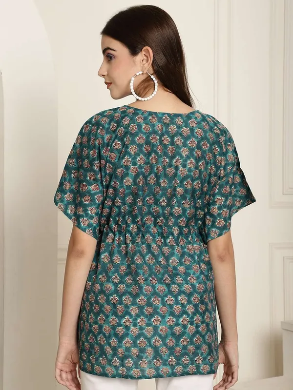 Women_S_Chanderi_Printed_Kaftan_Top_With_Bell_Sleeve_Dress_Green