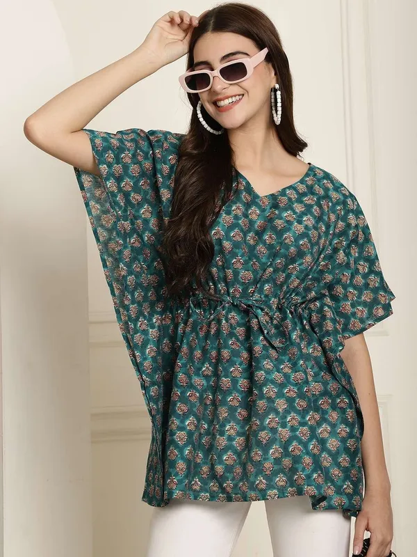 Women_S_Chanderi_Printed_Kaftan_Top_With_Bell_Sleeve_Dress_Green
