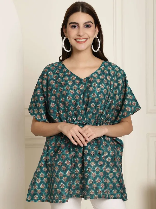 Women_S_Chanderi_Printed_Kaftan_Top_With_Bell_Sleeve_Dress_Green