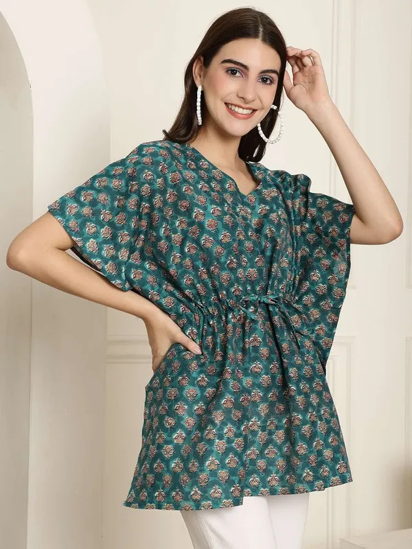 Women_S_Chanderi_Printed_Kaftan_Top_With_Bell_Sleeve_Dress_Green