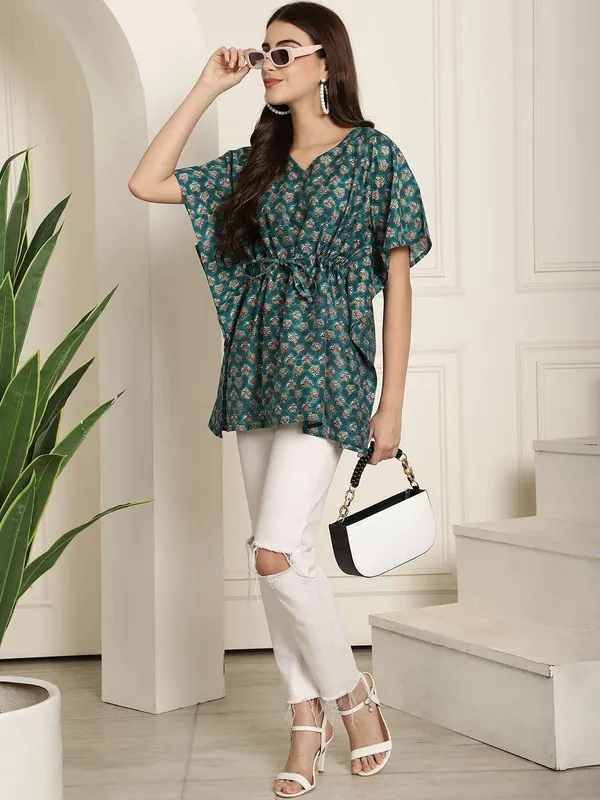 Women_S_Chanderi_Printed_Kaftan_Top_With_Bell_Sleeve_Dress_Green