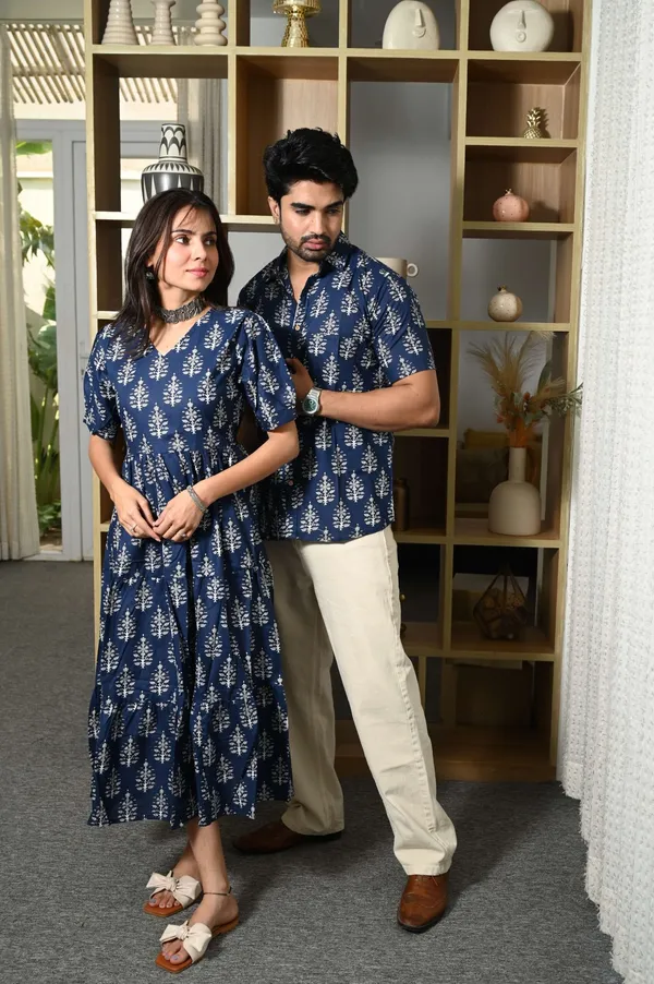 Couple_Matching_Navy_Blue_Printed_Cotton_Anarkali_Midi_Dress_Shirt_Set_Summer_Casual_Wear