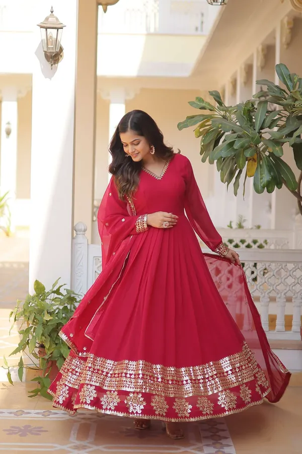 Pink_Faux_Blooming_Gown_With_Sequined_Dupatta_Elegant_Fully_Flared_Party_Wedding_Set