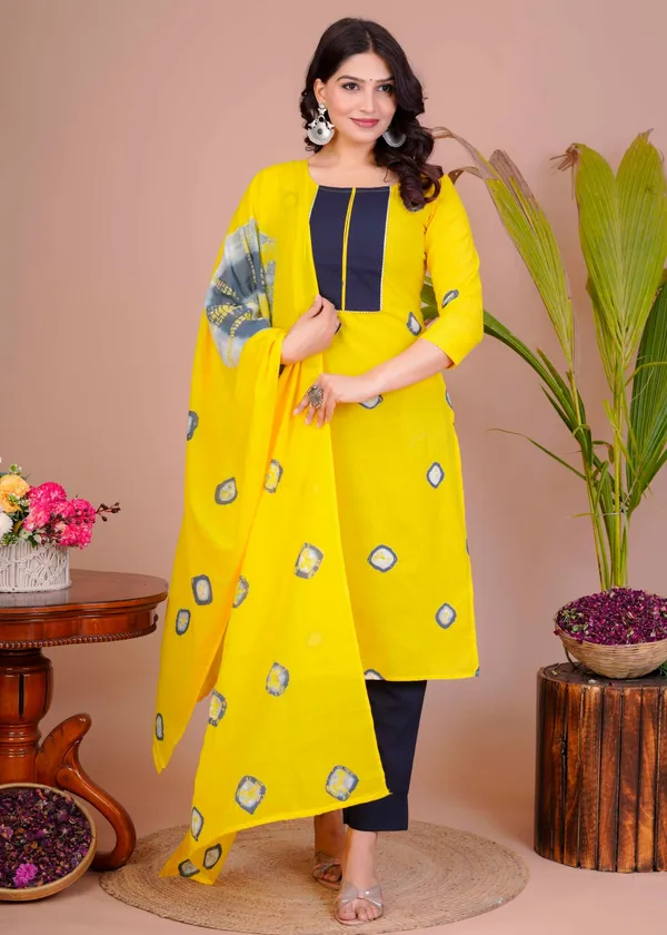 Women_S_Yellow_Navy_Cotton_Tie_Dye_Straight_Kurti_With_Pant_Dupatta_Set