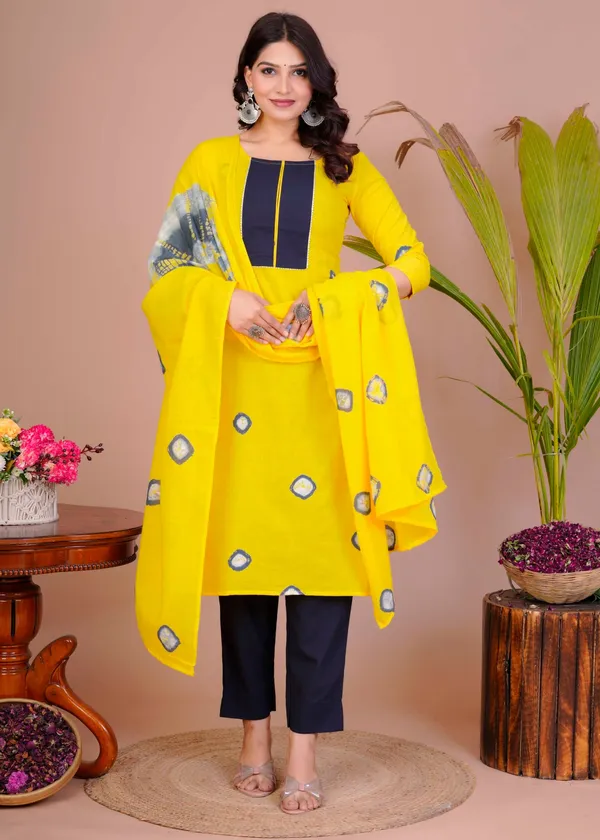 Women_S_Yellow_Navy_Cotton_Tie_Dye_Straight_Kurti_With_Pant_Dupatta_Set