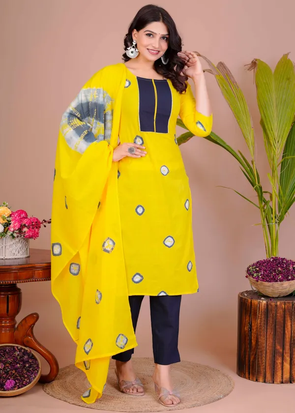 Women_S_Yellow_Navy_Cotton_Tie_Dye_Straight_Kurti_With_Pant_Dupatta_Set