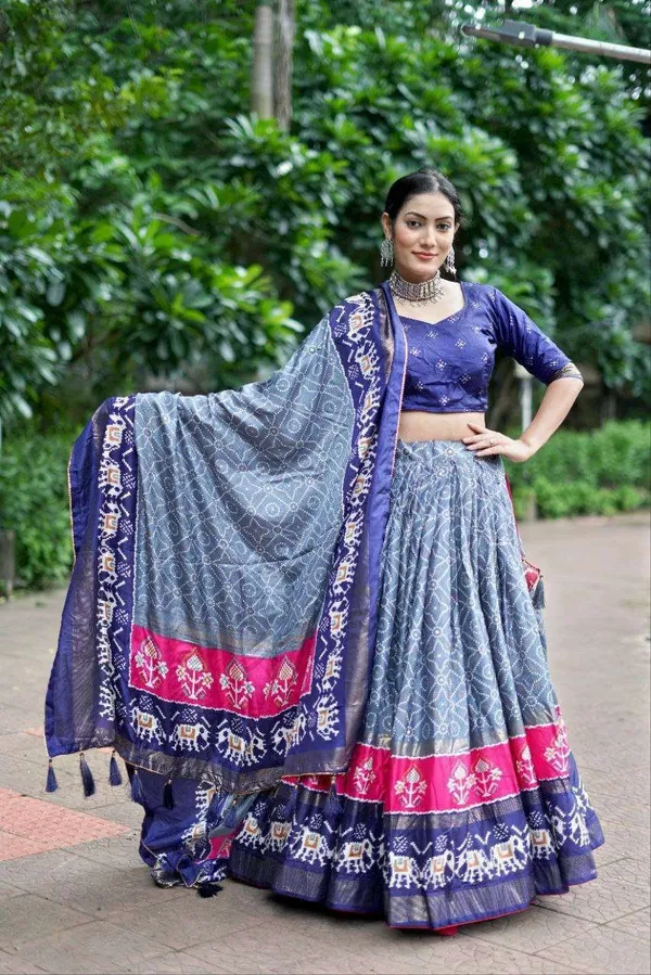 Blue_Dola_Silk_Lehenga_Choli_With_Light_Blue_Blouse_Bandhej_Ajarakh_Print_Wedding_Festive_Wear
