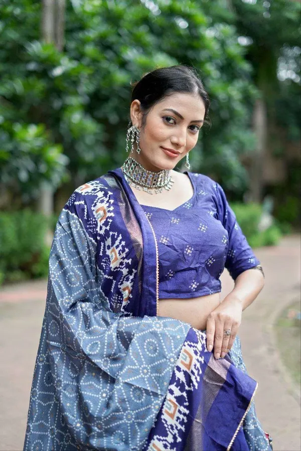 Blue_Dola_Silk_Lehenga_Choli_With_Light_Blue_Blouse_Bandhej_Ajarakh_Print_Wedding_Festive_Wear