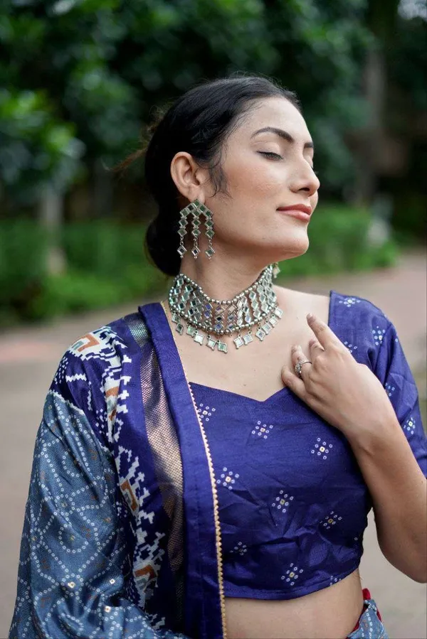Blue_Dola_Silk_Lehenga_Choli_With_Light_Blue_Blouse_Bandhej_Ajarakh_Print_Wedding_Festive_Wear