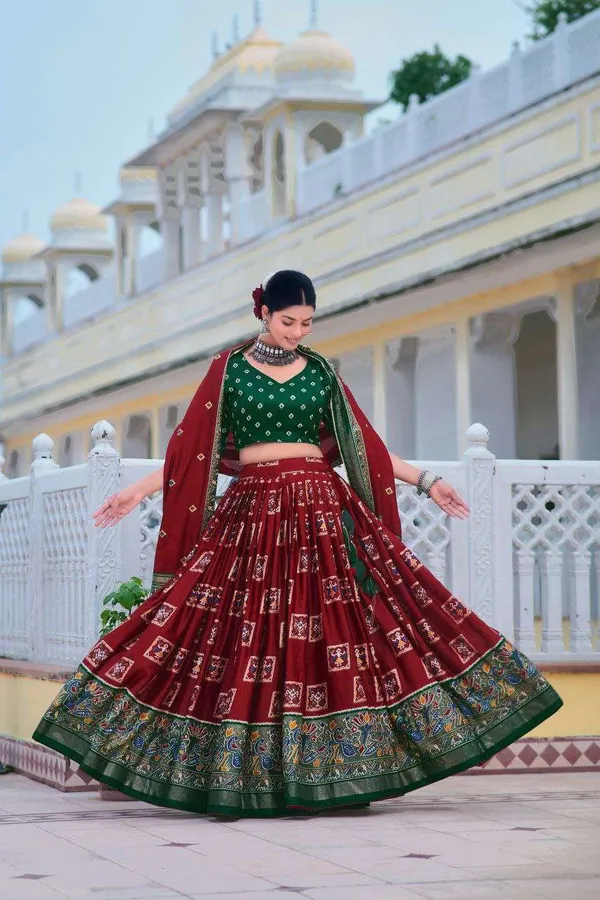 Maroon_Tussar_Silk_Lehenga_Choli_With_Dark_Green_Blouse_Bandhani_Peacock_Foil_Print_Wedding_Festive_Wear