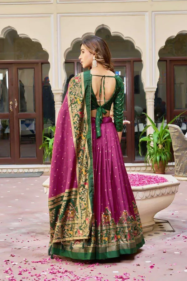 Purple_Dola_Silk_Lehenga_Choli_With_Dark_Green_Blouse_Bandhej_Ajarakh_Print_Wedding_Festive_Wear
