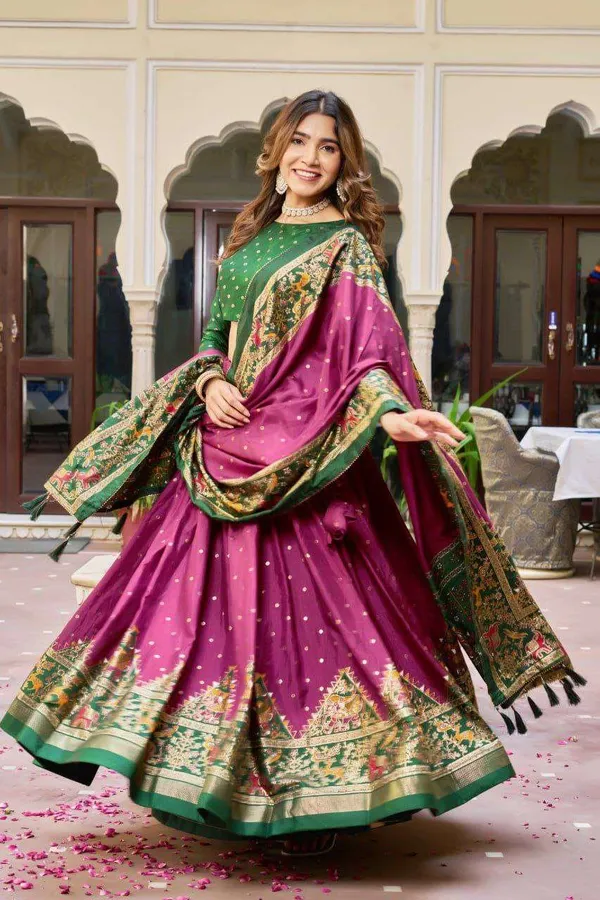 Purple_Dola_Silk_Lehenga_Choli_With_Dark_Green_Blouse_Bandhej_Ajarakh_Print_Wedding_Festive_Wear