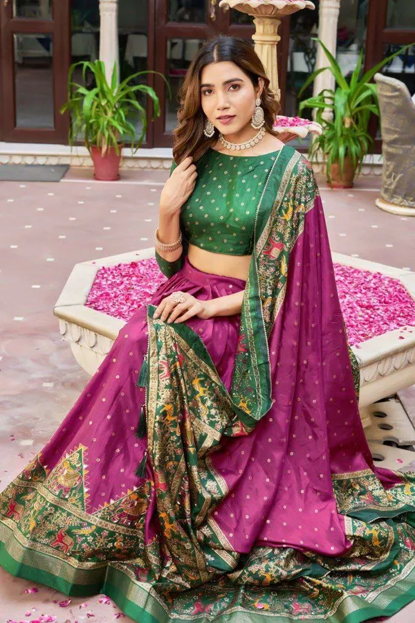 Purple_Dola_Silk_Lehenga_Choli_With_Dark_Green_Blouse_Bandhej_Ajarakh_Print_Wedding_Festive_Wear