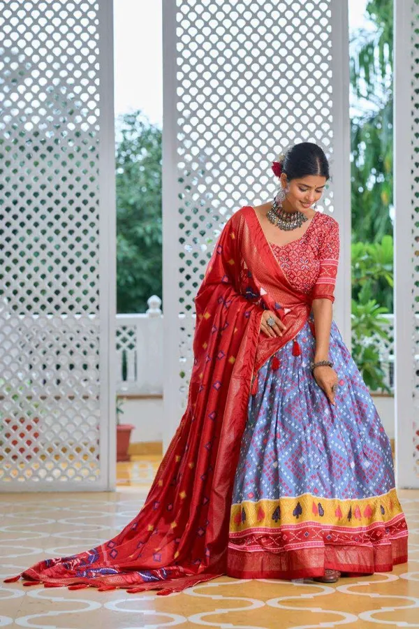 Sky_Blue_Tussar_Silk_Lehenga_Choli_With_Red_Blouse_Minakari_Foil_Print_Wedding_Festive_Wear