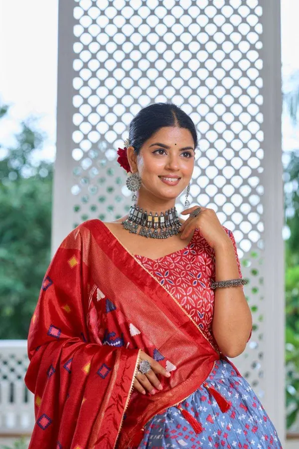 Sky_Blue_Tussar_Silk_Lehenga_Choli_With_Red_Blouse_Minakari_Foil_Print_Wedding_Festive_Wear