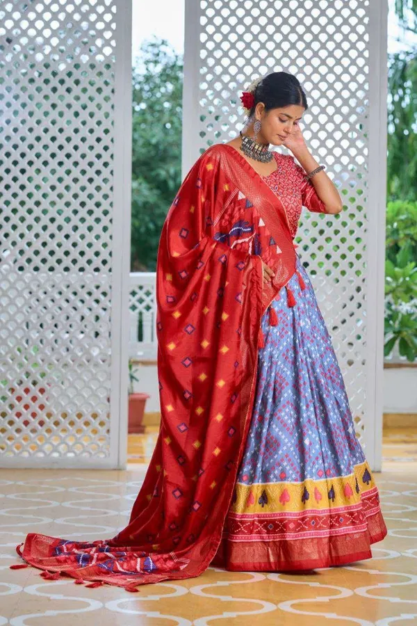 Sky_Blue_Tussar_Silk_Lehenga_Choli_With_Red_Blouse_Minakari_Foil_Print_Wedding_Festive_Wear