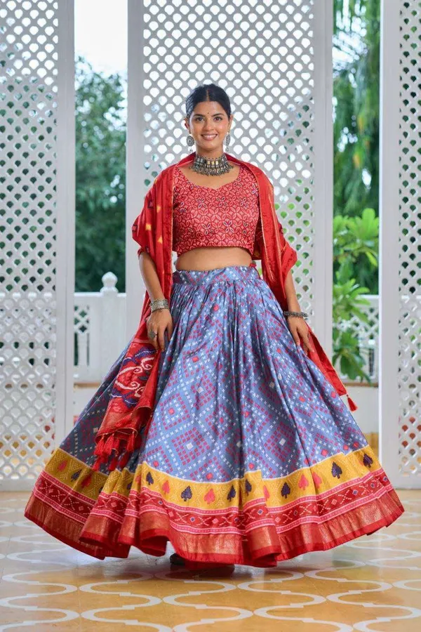 Sky_Blue_Tussar_Silk_Lehenga_Choli_With_Red_Blouse_Minakari_Foil_Print_Wedding_Festive_Wear