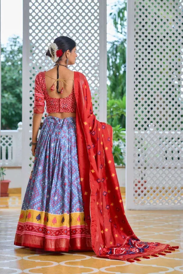 Sky_Blue_Tussar_Silk_Lehenga_Choli_With_Red_Blouse_Minakari_Foil_Print_Wedding_Festive_Wear