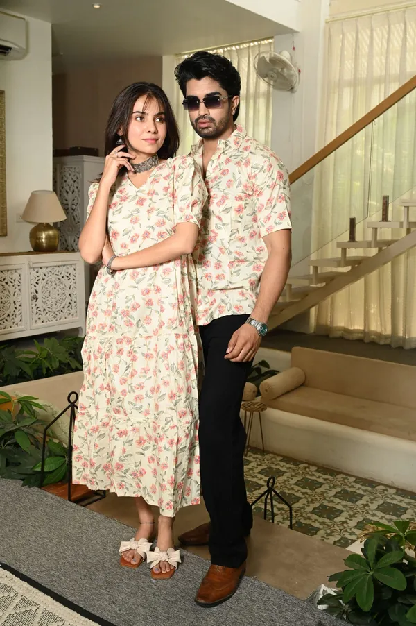 Couple_Matching_Cream_Floral_Cotton_Printed_Anarkali_Midi_Dress_Shirt_Set_Casual_Festive_Wear