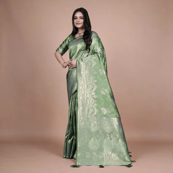 Mint_Green_Banarasi_Silk_Saree_With_Golden_Zari_Floral_Ornate_Pallu_Wedding_Festive_Traditional_Wear