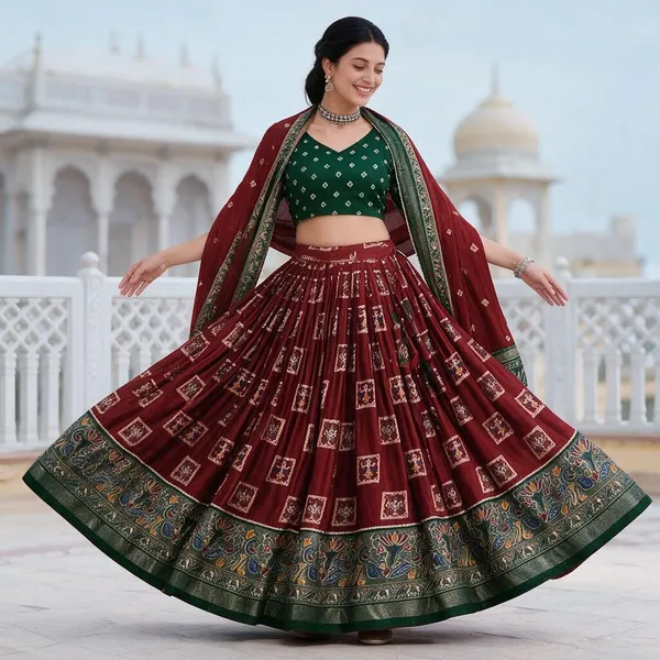 Maroon_Tussar_Silk_Lehenga_Choli_With_Dark_Green_Blouse_Bandhani_Peacock_Foil_Print_Wedding_Festive_Wear