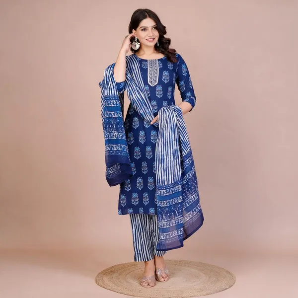 Women_S_Blue_Cotton_Printed_Straight_Kurti_With_Pant_Dupatta_Set