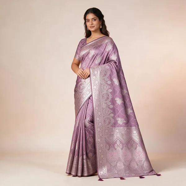 Lavender_Banarasi_Silk_Saree_With_Silver_Zari_Floral_Paisley_Motifs_Wedding_Festive_Traditional_Wear