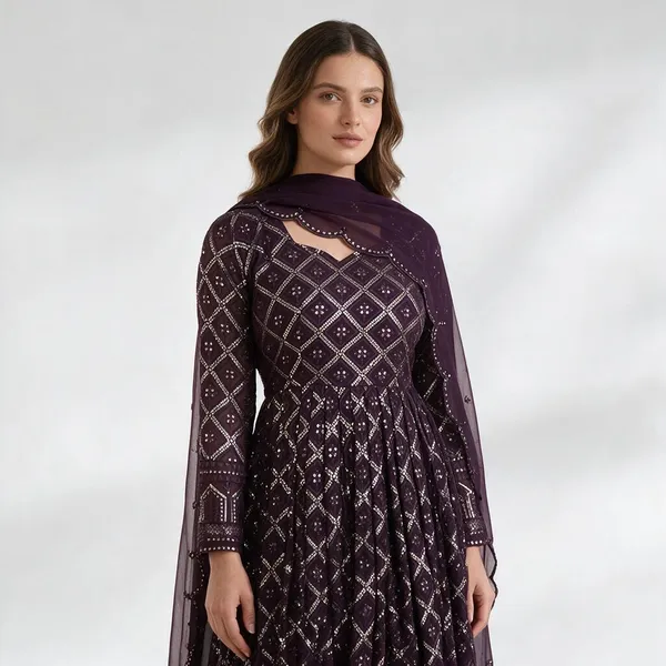 Wine_Faux_Blooming_Designer_Gown_With_Sequined_Dupatta_Elegant_Fully_Flared_Party_Wedding_Set
