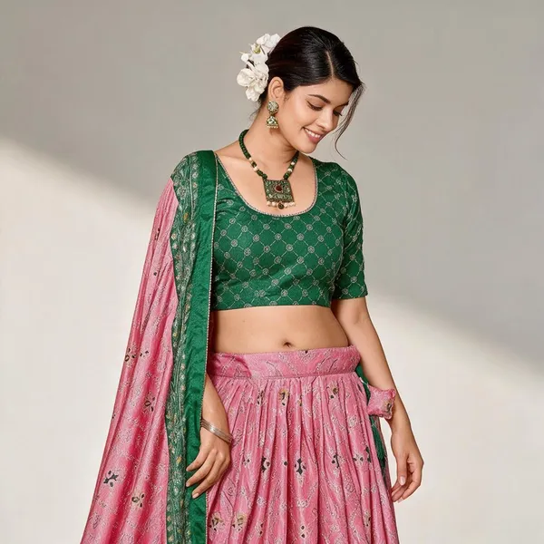 Pink_Dola_Silk_Lehenga_Choli_With_Green_Blouse_Minakari_Foil_Print_Wedding_Festive_Wear