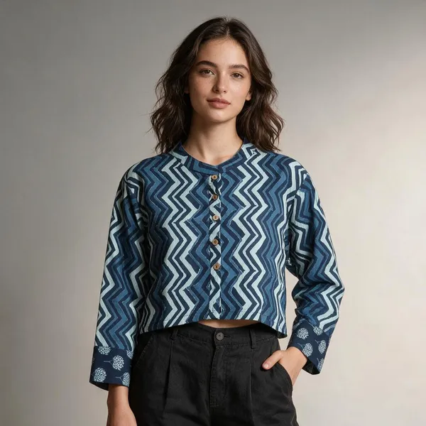 Handmade_Cotton_Shirt_For_Women_Black_Grey_Zigzag_Print_Button_Down_Top_With_Full_Sleeves