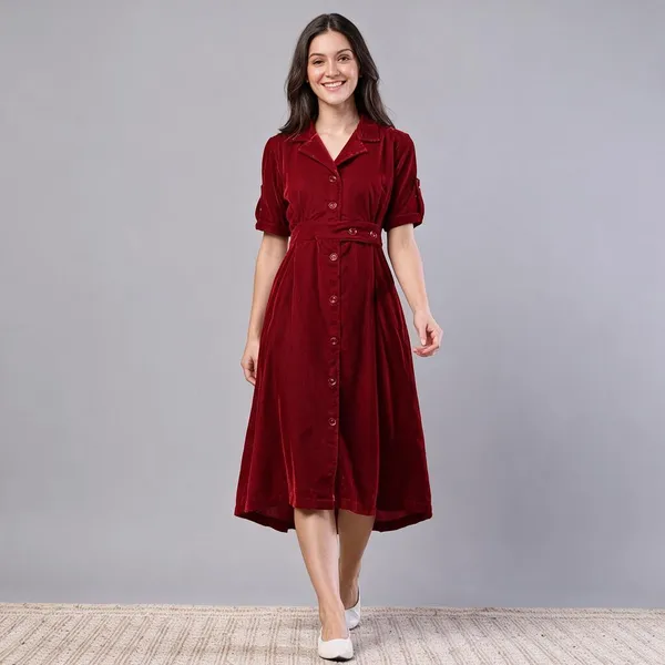 Women_S_Maroon_Velvet_Solid_Printed_Shirt_Midi_Dress_With_Belt