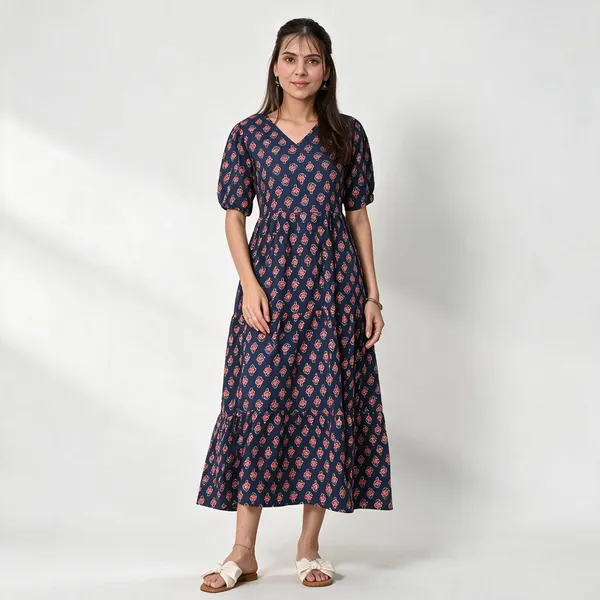 Couple_Matching_Navy_Blue_Cotton_Printed_Anarkali_Midi_Dress_Shirt_Set_Casual_Festive_Wear