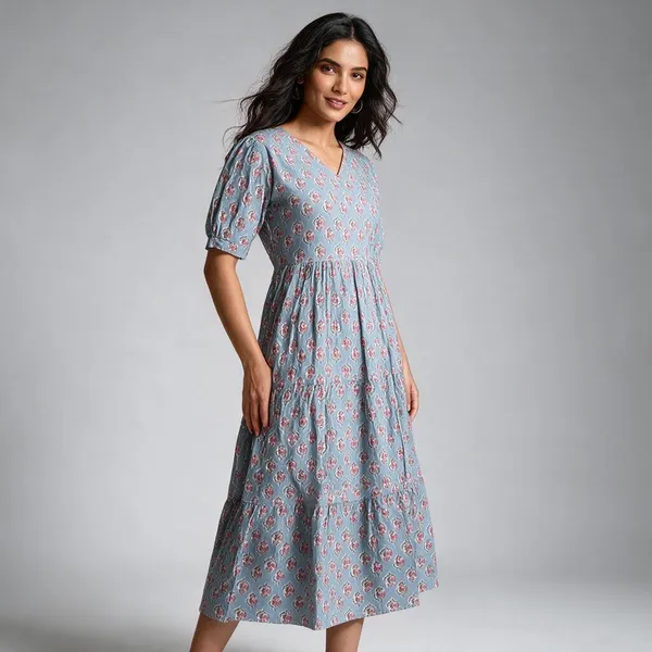 Couple_Matching_Sky_Blue_Cotton_Anarkali_Midi_Dress_And_Shirt_Set_Pink_Floral_Print