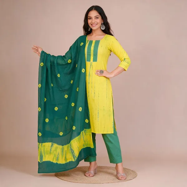 Women_S_Yellow_Green_Cotton_Tie_Dye_Straight_Kurti_With_Pant_Dupatta_Set