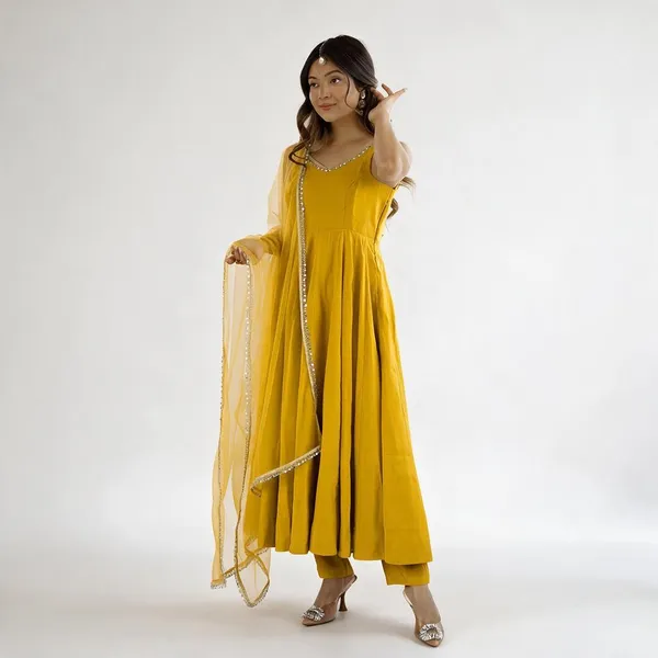 Womens_Pure_Romansilk_Chanderi_Anarkali_Kurti_With_Pant_Dupatta_Set