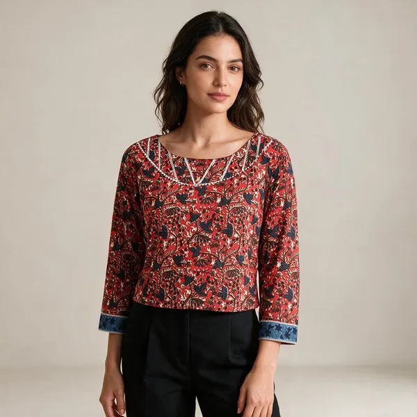 Handmade_Block_Print_Cotton_For_Women_Ethnic_Floral_Printed_Top_With_Long_Sleeves